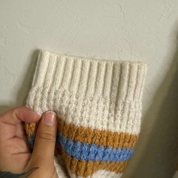 American Eagle Outfitters Oversized Waffle Knit Tan and Blue Striped Sweater - Picture 4 of 6